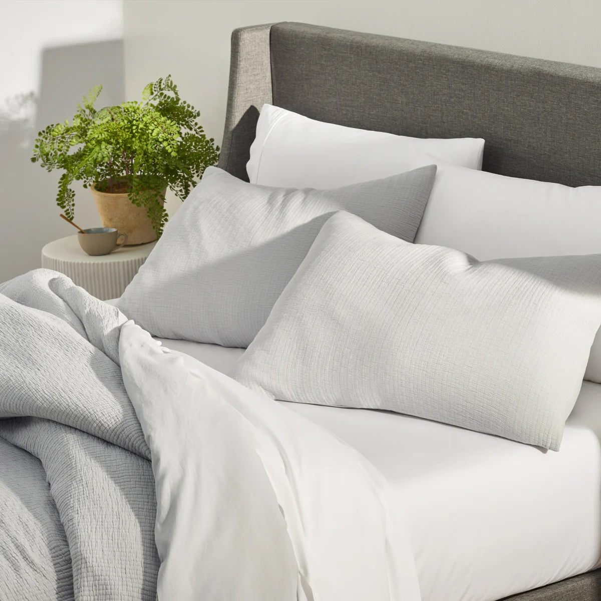 Organic Crinkle Matelasse and Percale Bedding Set - Light Gray and White