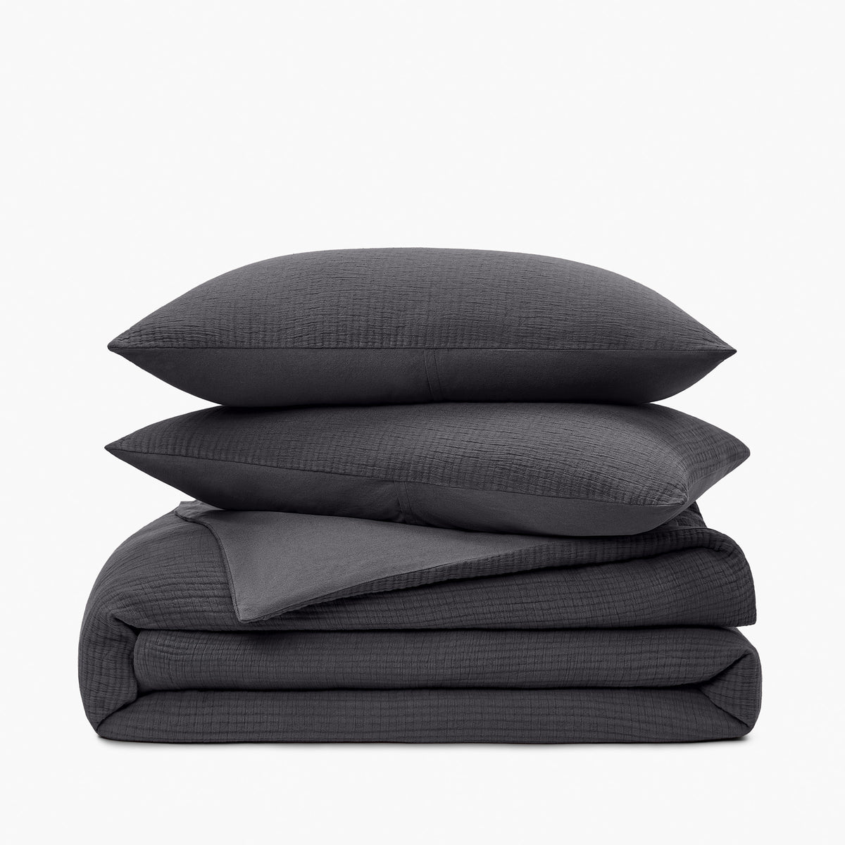 Organic Crinkle Matelasse and Percale Bedding Set - Coal and White