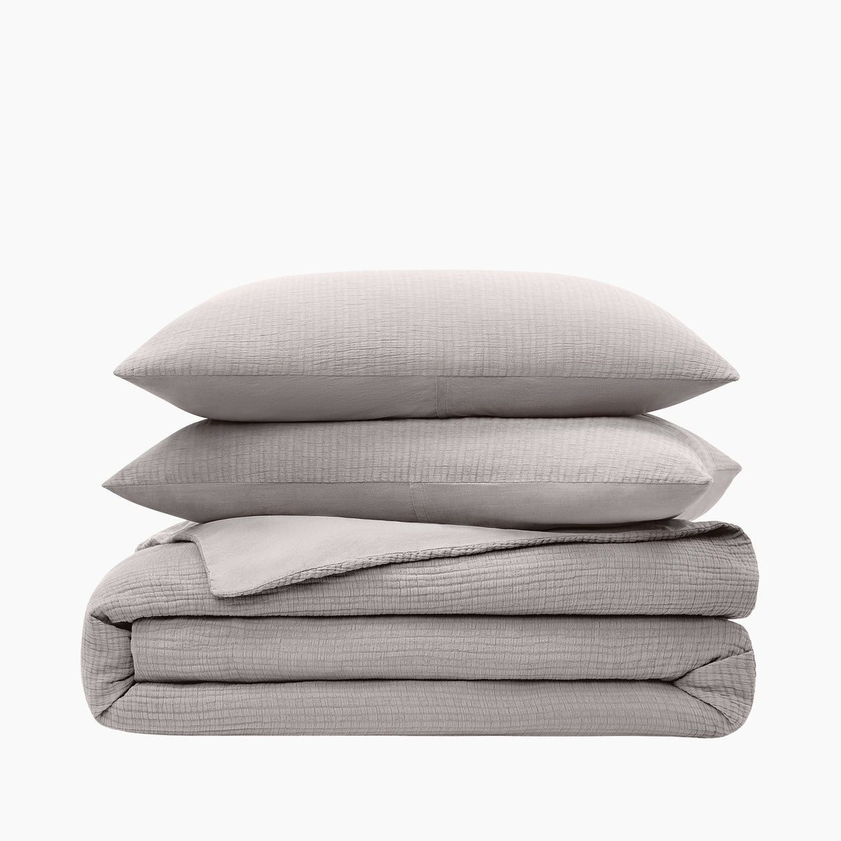 Organic Crinkle Matelasse and Percale Bedding Set - Warm Gray and White