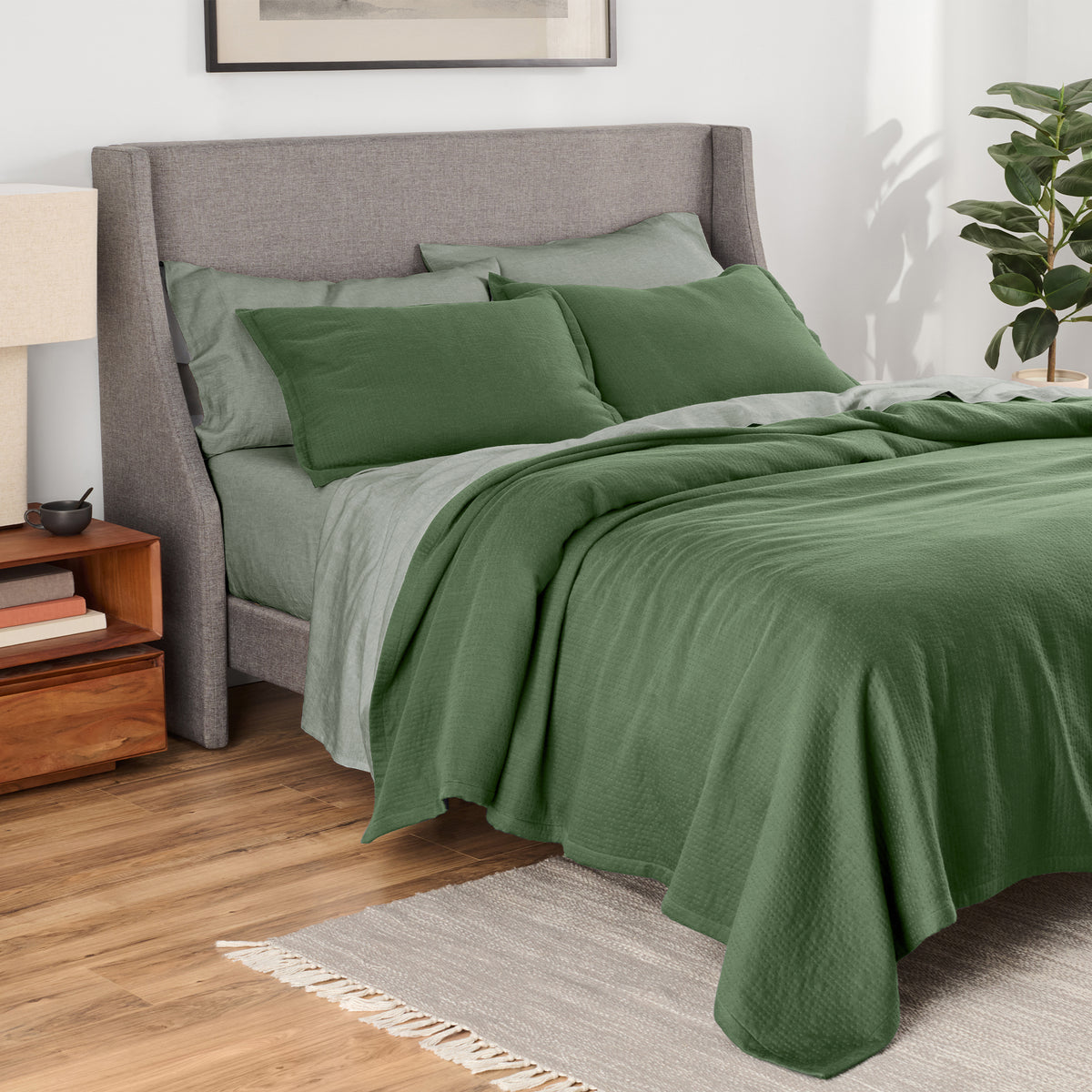 organic matelasse sham set in forest on bed