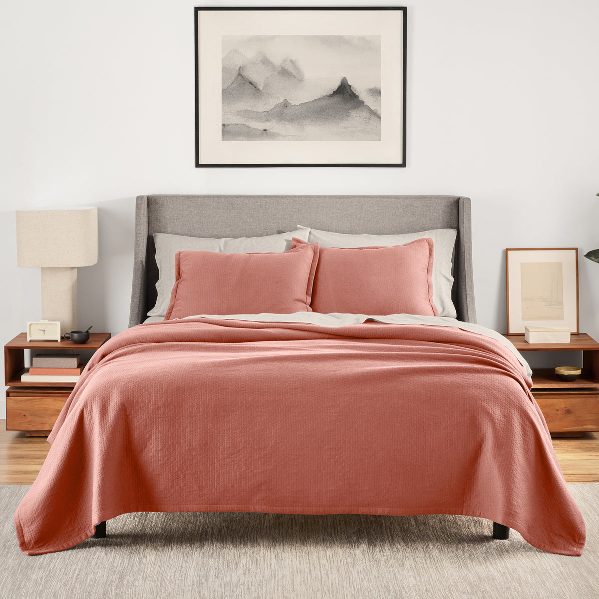 organic matelasse sham set in clay on bed
