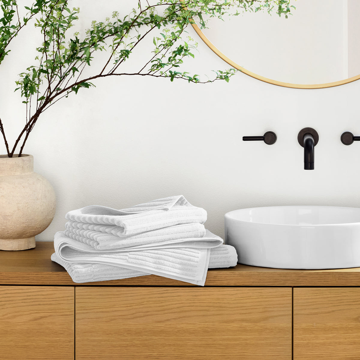 Organic Ribbed Towels In White On Bathroom Counter