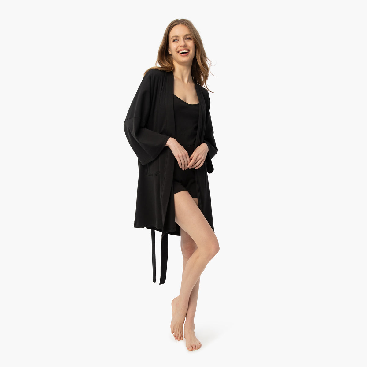 organic cotton loungewear black short robe set