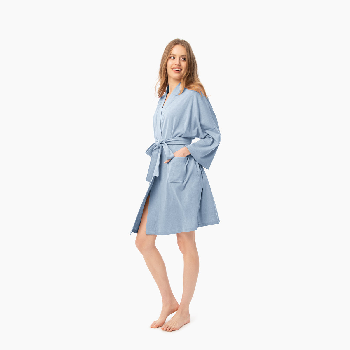 Front Of Organic Short Lounge Robe In Light Blue
