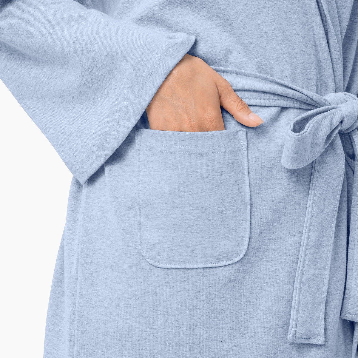 Front Pocket Of Organic Short Lounge Robe In Light Blue