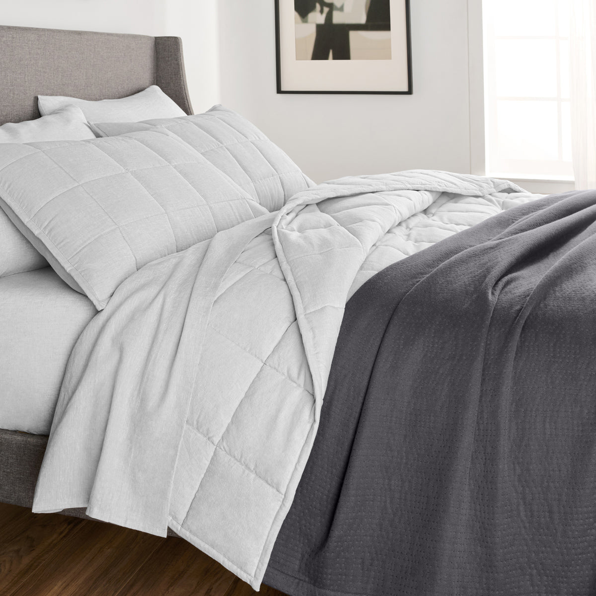 Linen Eucalyptus Flat Sheet In Glacier On Bed