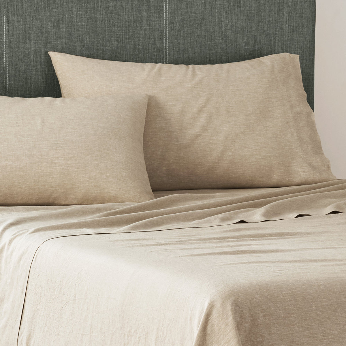 Bed Made With Linen Eucalyptus Flat Sheet In Stone