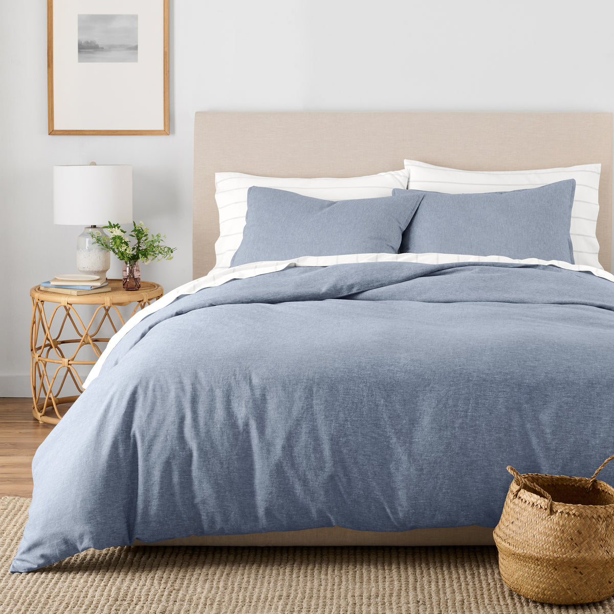 Linen Eucalyptus Flat Sheet In Glacier Stripe On Bed