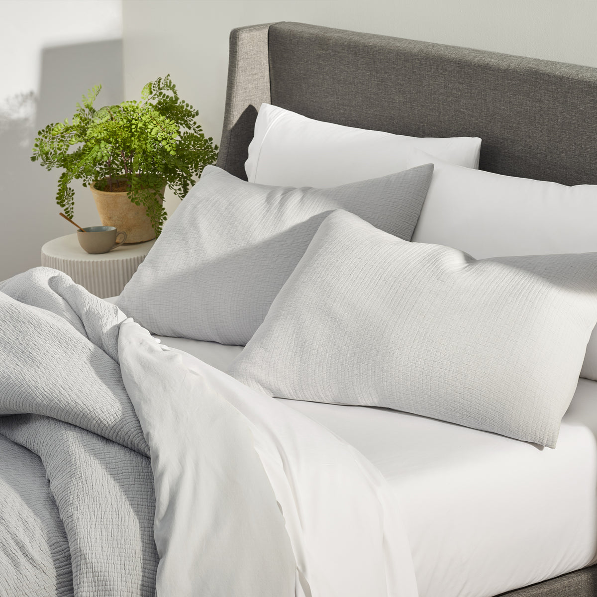 organic cotton crinkle matelasse light gray pillow shams