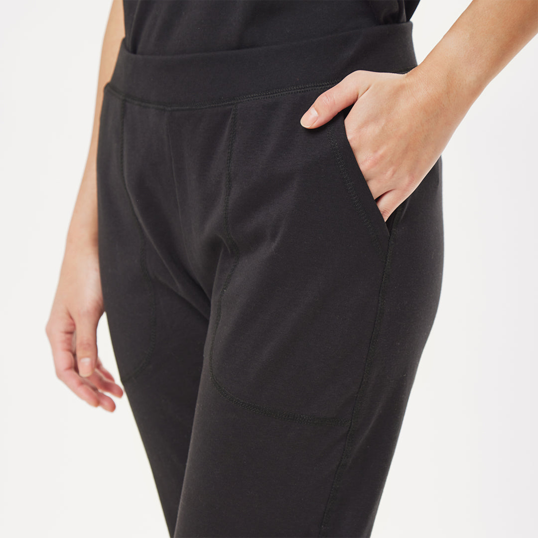 organic cotton black tapered leg joggers loungewear bottoms pocket detail