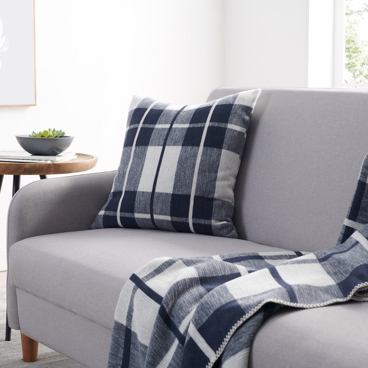 organic cotton wool throw deep blue tartan plaid lifestyle 2