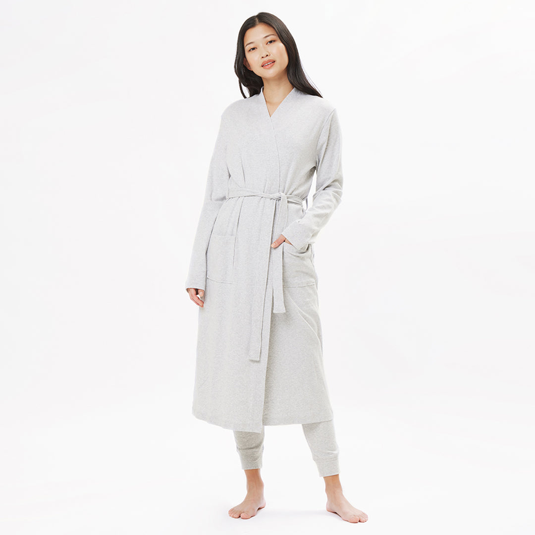 organic cotton loungewear lightweight light gray robe pocket detail
