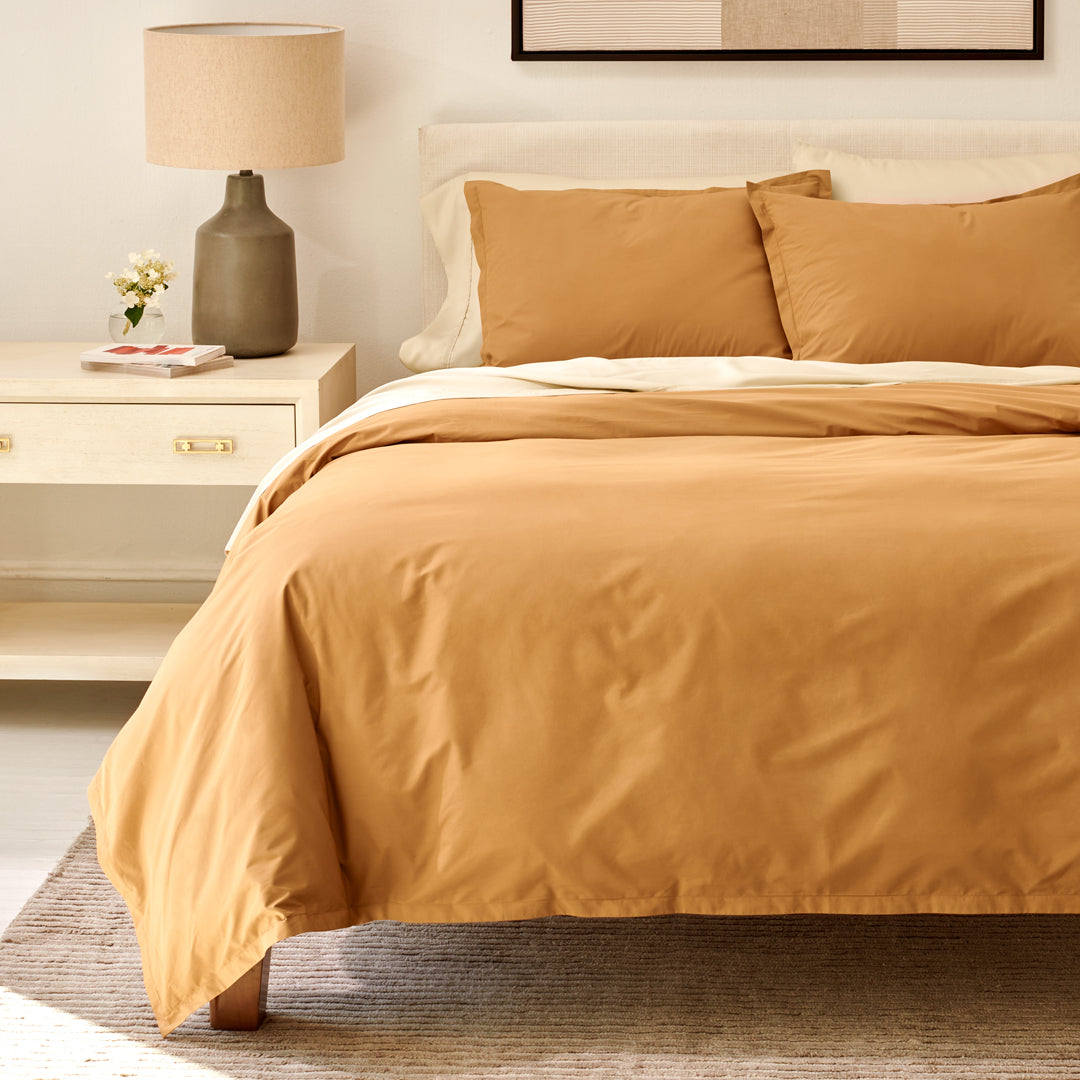 organic cotton percale ochre yellow orange duvet cover cooling sheets pillow shams set
