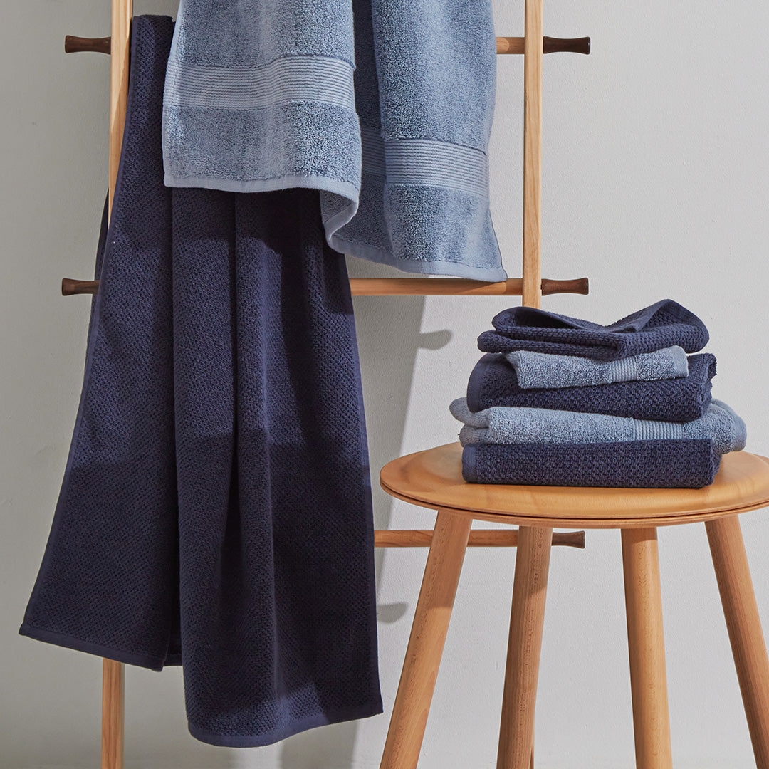 textured organic cotton navy blue quick dry bath towels collection