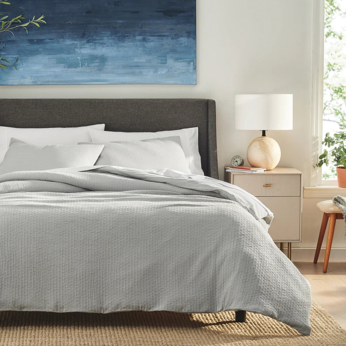 Organic Crinkle Matelasse and Percale Bedding Set - Light Gray and Whi ...