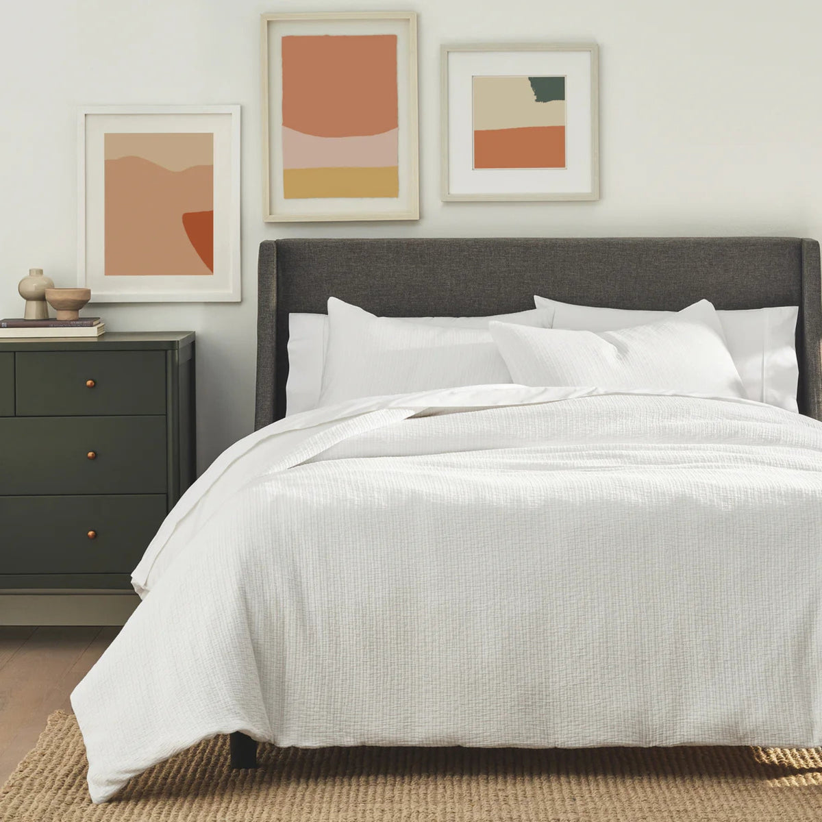 Organic Crinkle Matelasse and Percale Bedding Set - White and White ...