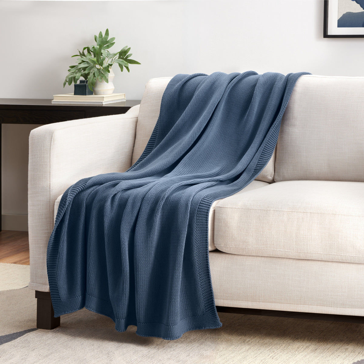 Organic Cotton Chunky Knit Throw In Denim On Couch