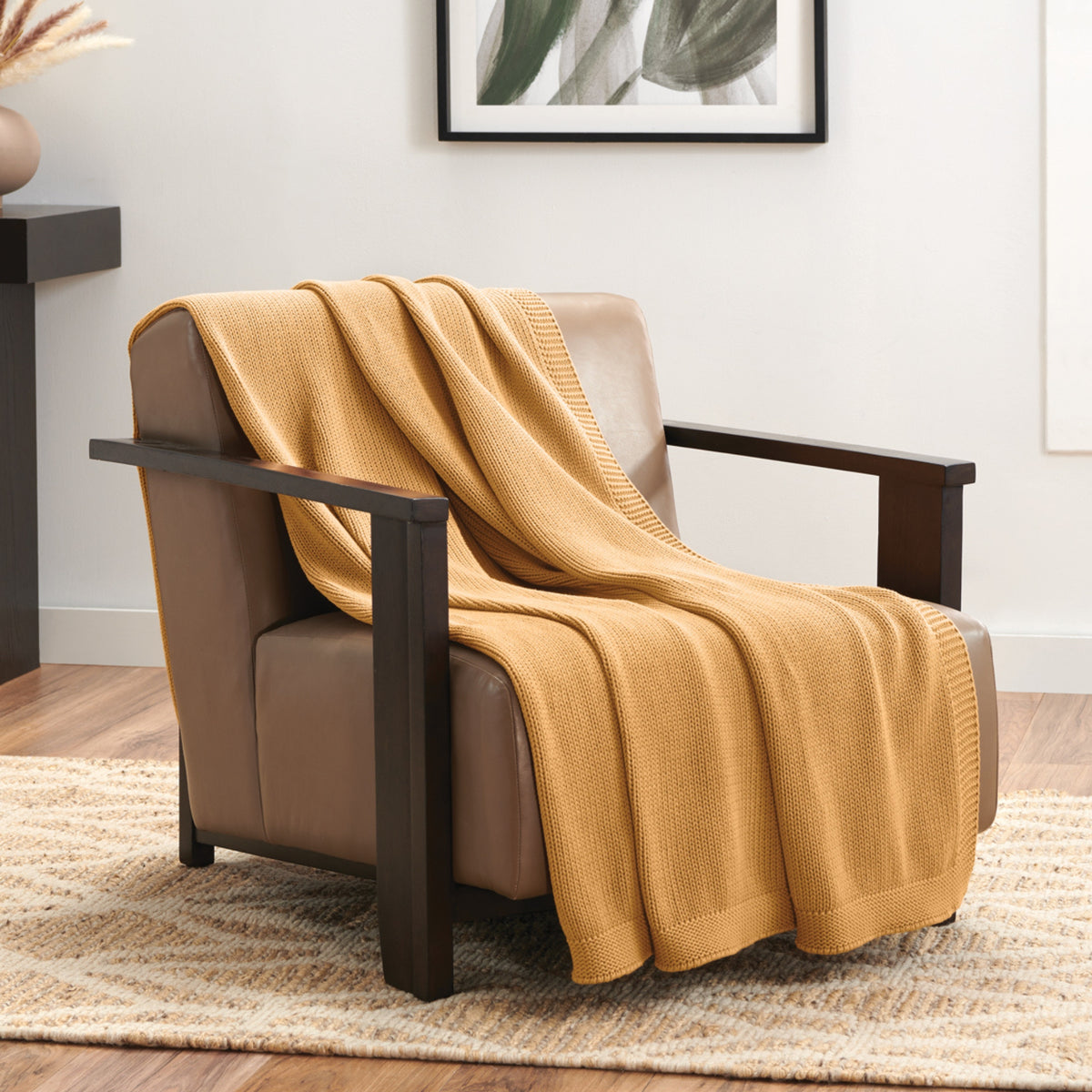 Organic Cotton Chunky Knit Throw In Ochre On Chair