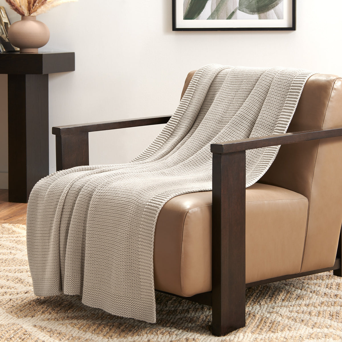 Organic Cotton Chunky Knit Throw In Stone On Chair