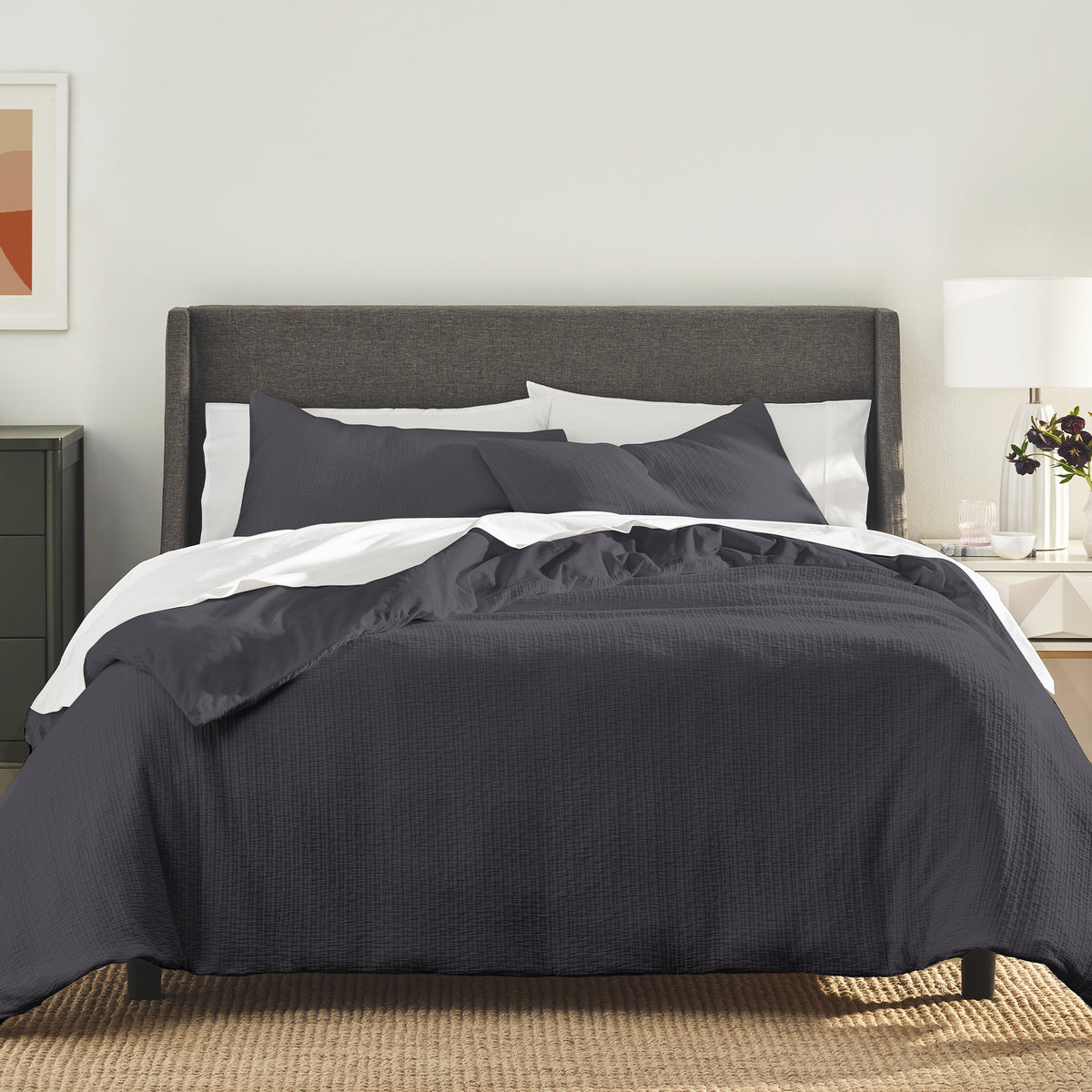Organic Crinkle Matelasse Duvet Set In Coal On Bed