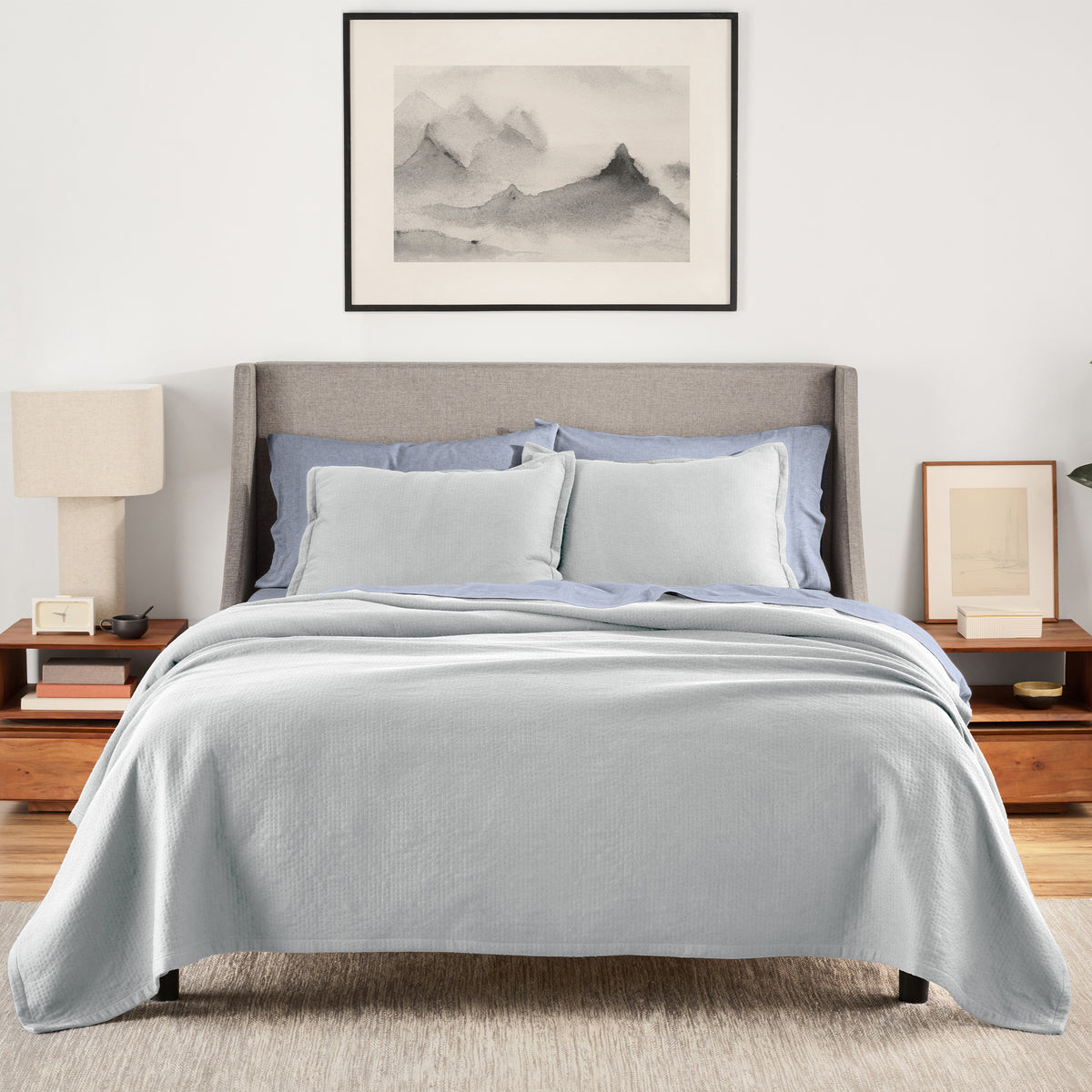 organic matelasse sham set in gray on bed