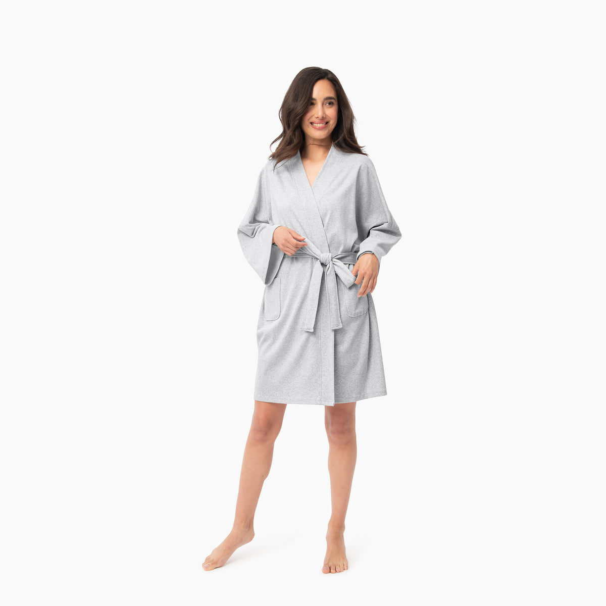 Front Of Organic Short Lounge Robe In Light Gray