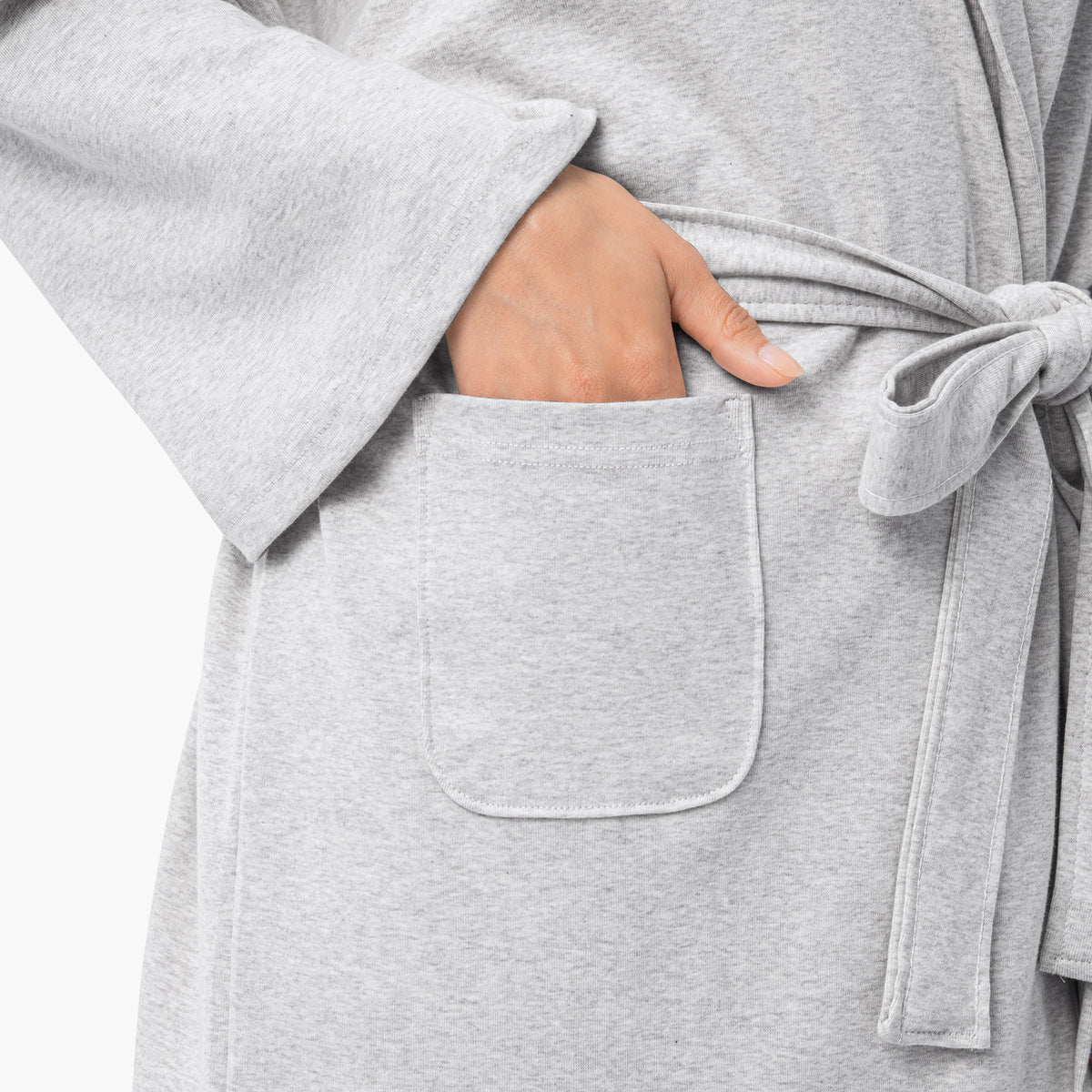 Front Pocket Of Organic Short Lounge Robe In Light Gray
