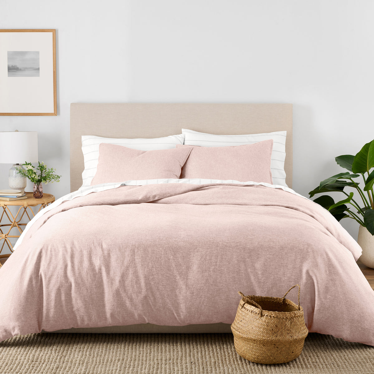 Linen Eucalyptus Duvet Set In Rose Dust On Bed