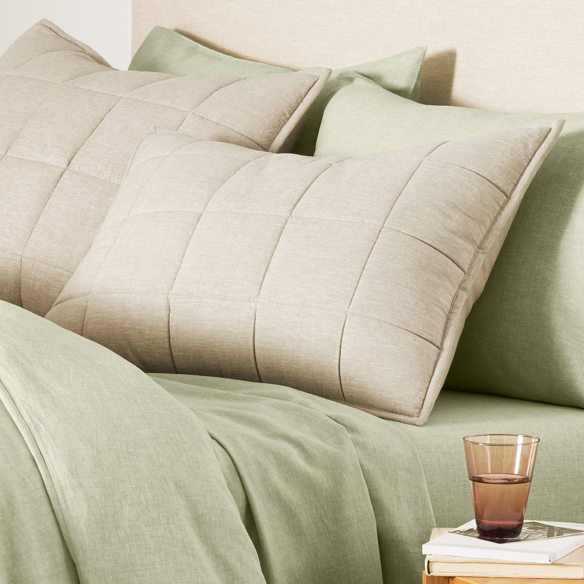 Bed Made With Linen Eucalyptus Flat Sheet In Pistachio