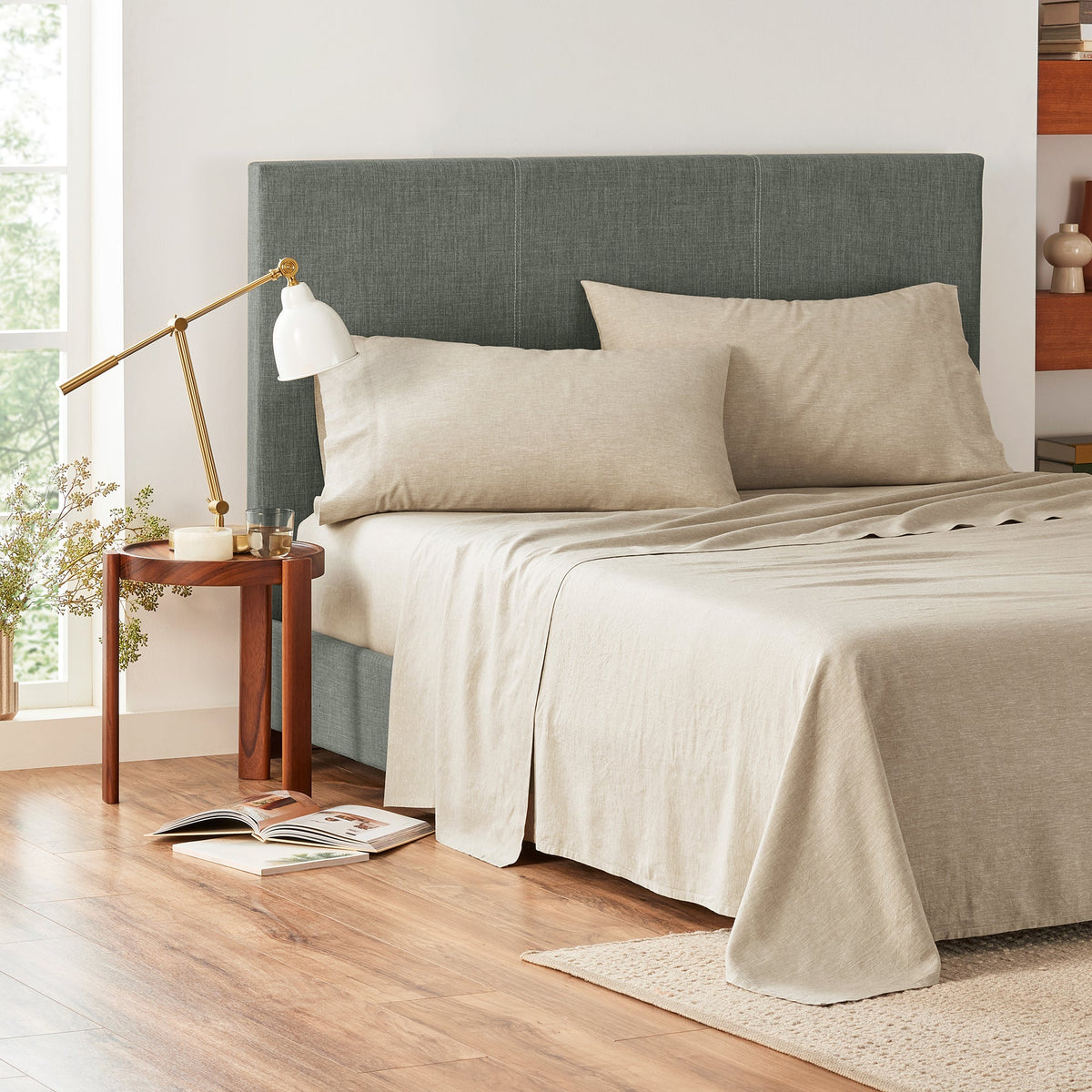 Bed Made With Linen Eucalyptus Flat Sheet In Stone