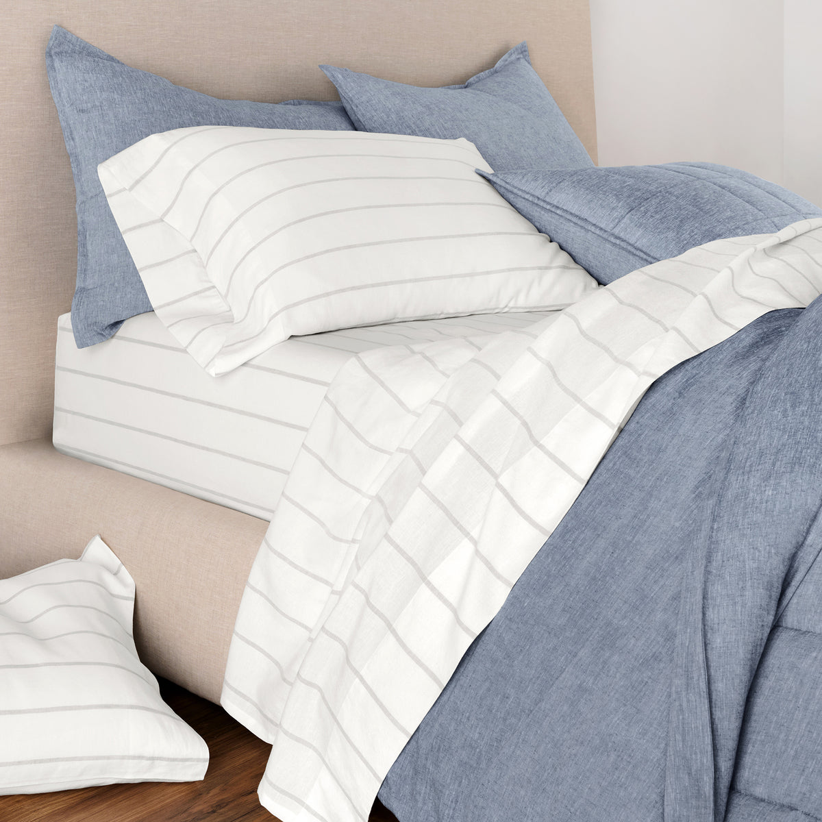 Linen Eucalyptus Pillowcase Set In Glacier Stripe On Bed