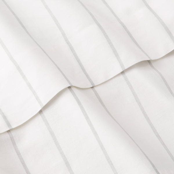 Texture Detail Of Linen Eucalyptus Sheet Set In Glacier Stripe
