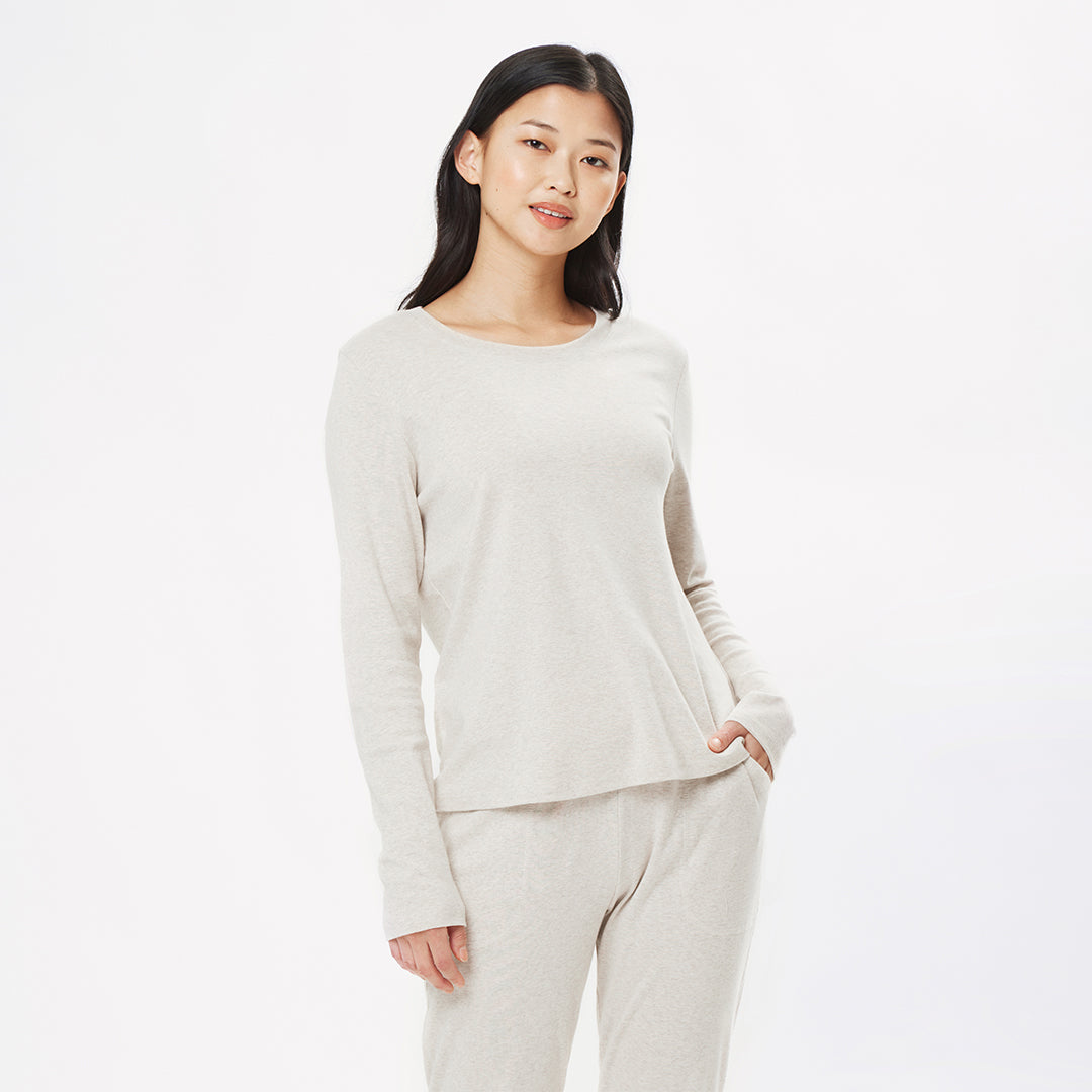 organic cotton natural oatmeal crewneck slim fit long sleeve t-shirt